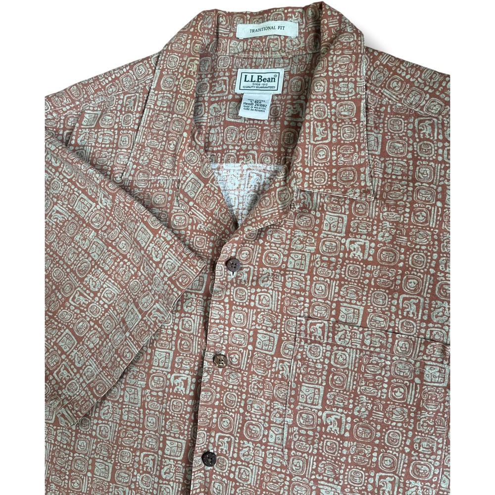 LL Bean Mens Traditional Fit Cotton Mayan Glyph Print Shirt Orange Large 261082